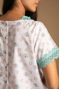 Olivia pyjama suit with floral design and lace trim.