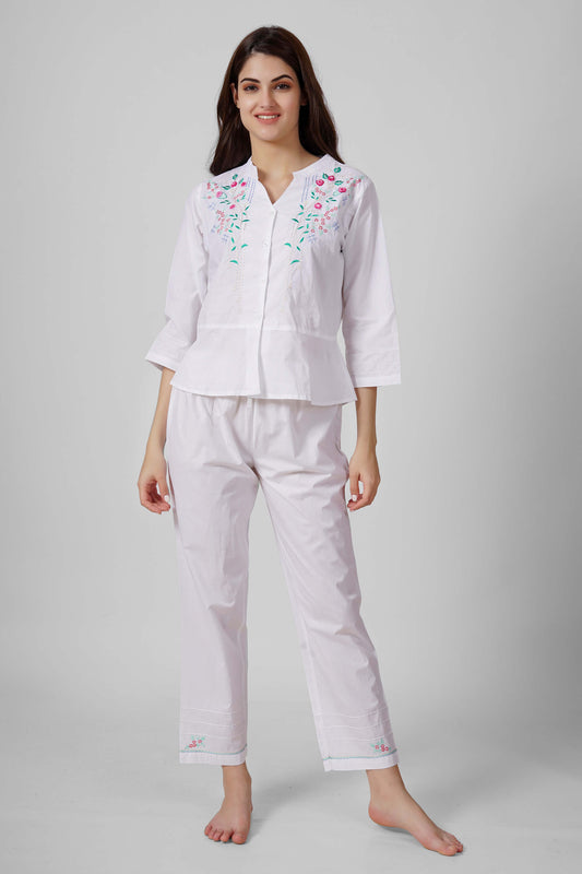 Nora pyjama suit with floral embroidery for comfortable sleepwear.