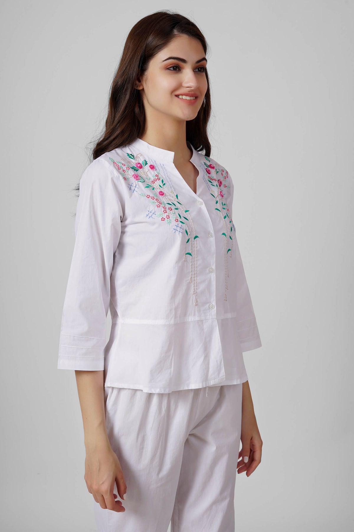 Nora Pyjama Suit featuring elegant floral embroidery and comfortable design.