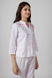 Nora Pyjama Suit featuring elegant floral embroidery and comfortable design.