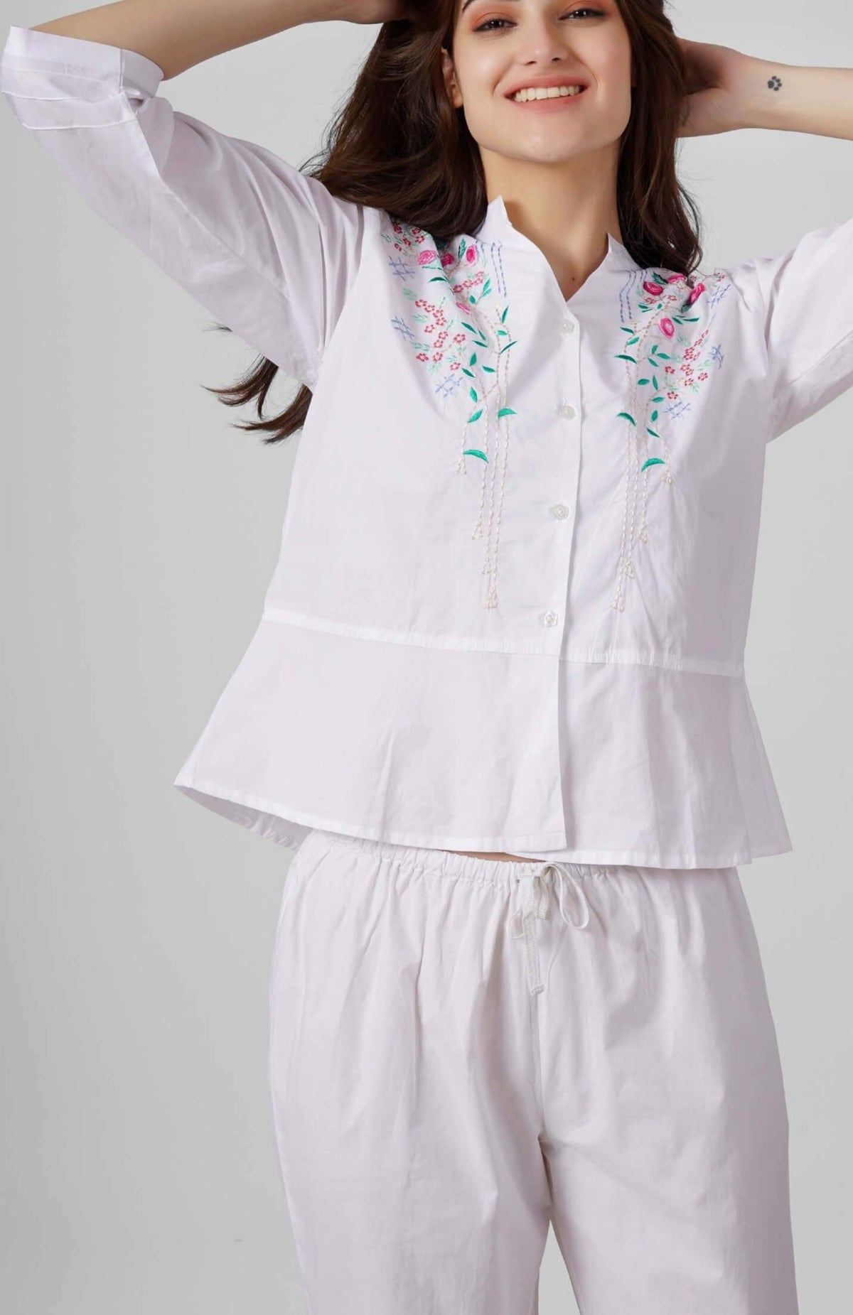Nora Pyjama Suit with floral embroidery for comfortable loungewear.