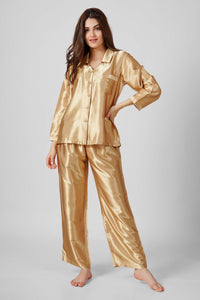 Eden-G pyjama suit in luxurious gold satin for stylish comfort.