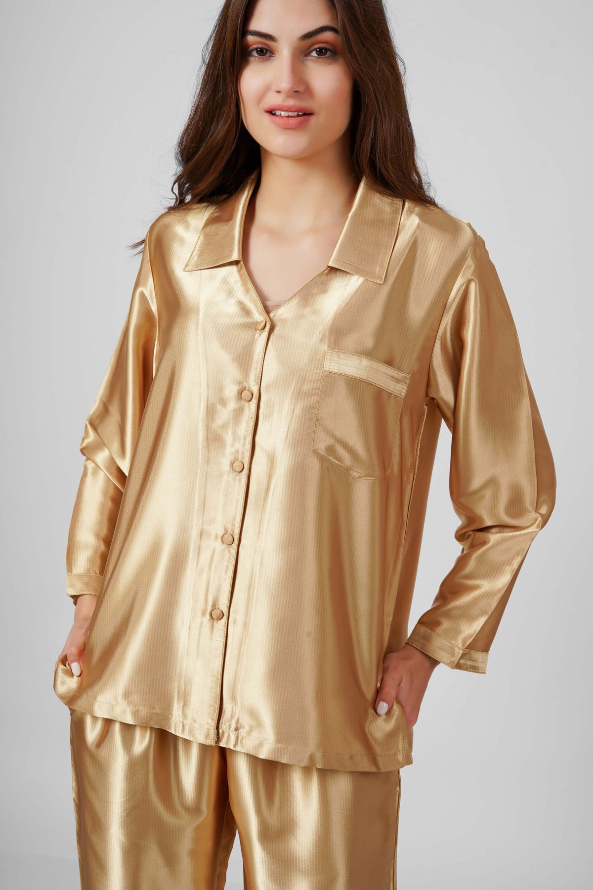 Eden-G gold satin pyjama suit for women, stylish and comfortable.