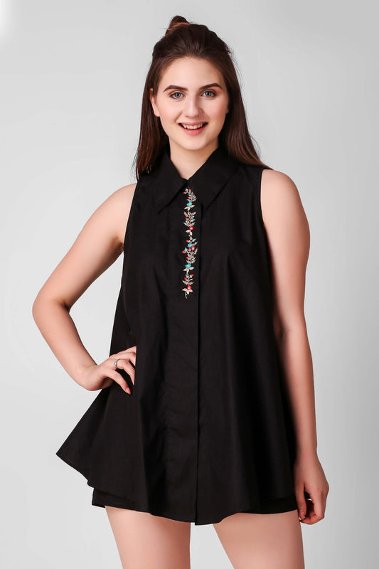 Darcy embroidered top and shorts set in black, perfect for casual wear.