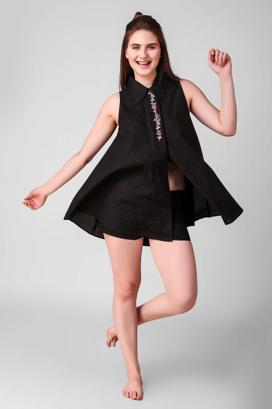 Darcy embroidered black top and shorts set for women.
