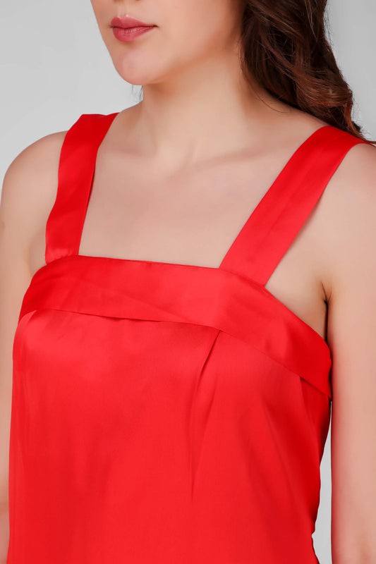 Elegant red satin nightdress with stylish straps for women.