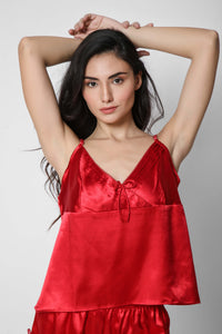 Elegant red satin camisole and shorts set for women.