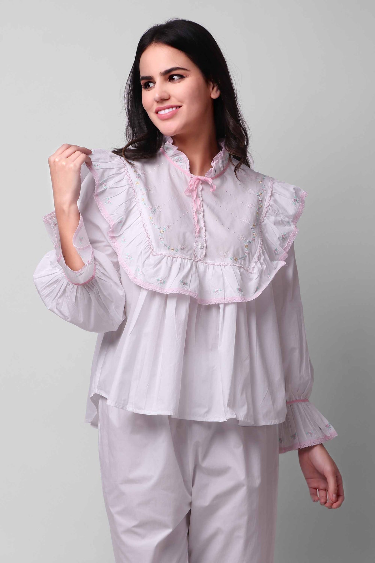 Mary Pyjama Suit featuring ruffled collar and delicate floral embroidery.