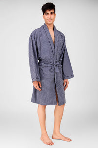 Stylish men's Ron robe in navy checkered pattern, perfect for relaxing.