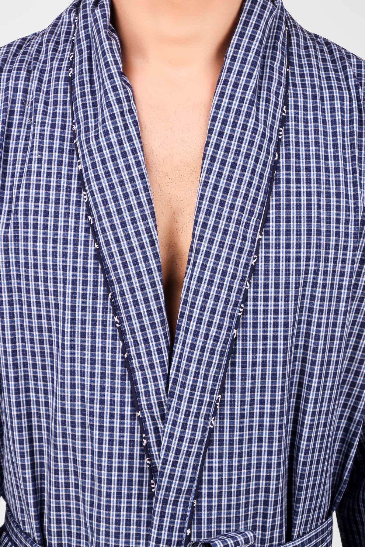 Men's checkered robe in navy blue for comfort and style.