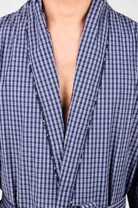 Men's checkered robe in navy blue for comfort and style.
