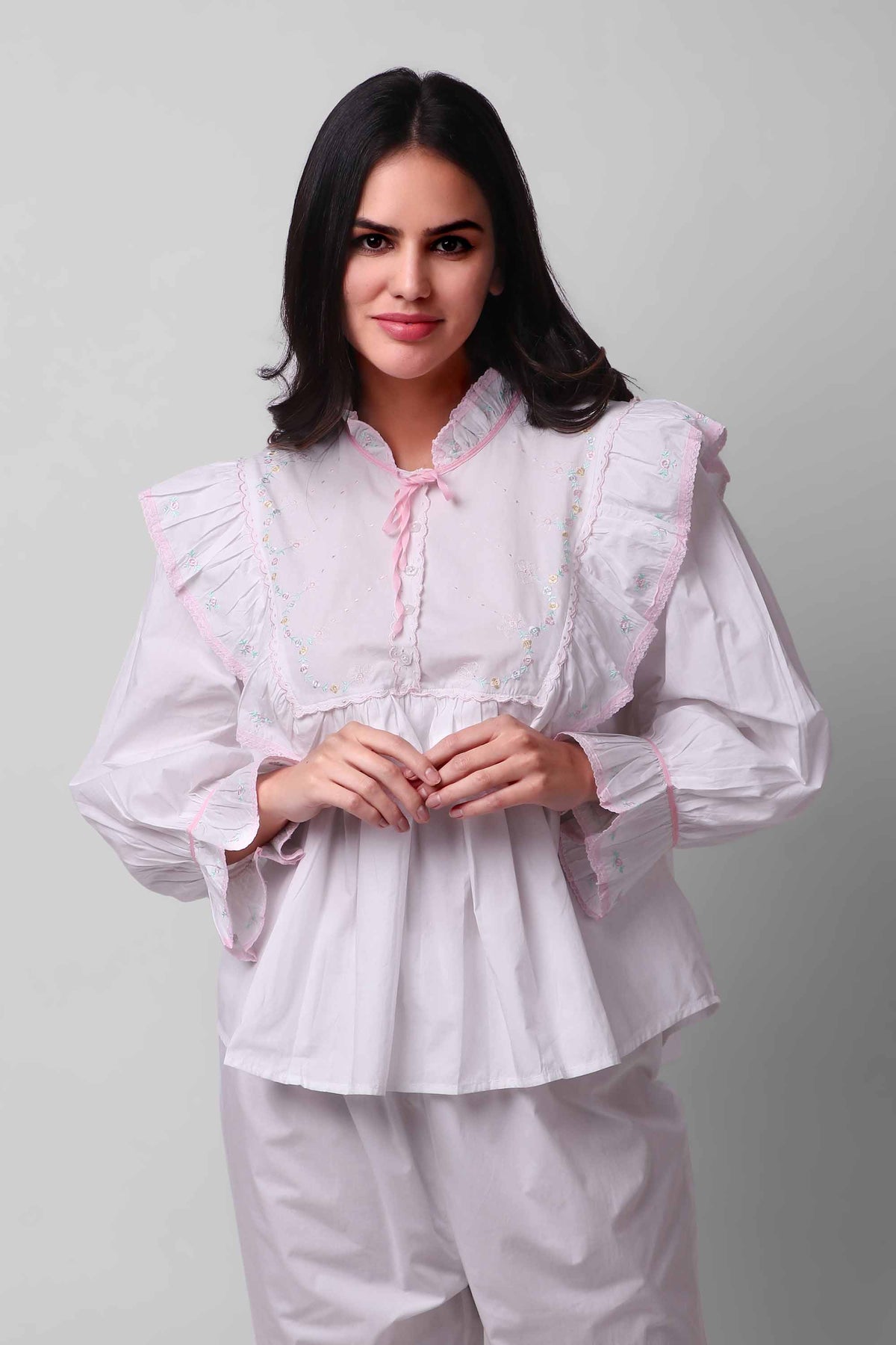 Mary Pyjama Suit with frilly collar and delicate embroidery details.