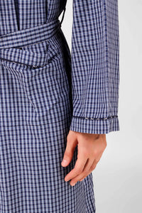 Navy checkered Ron robe detail showing pocket and sleeve.
