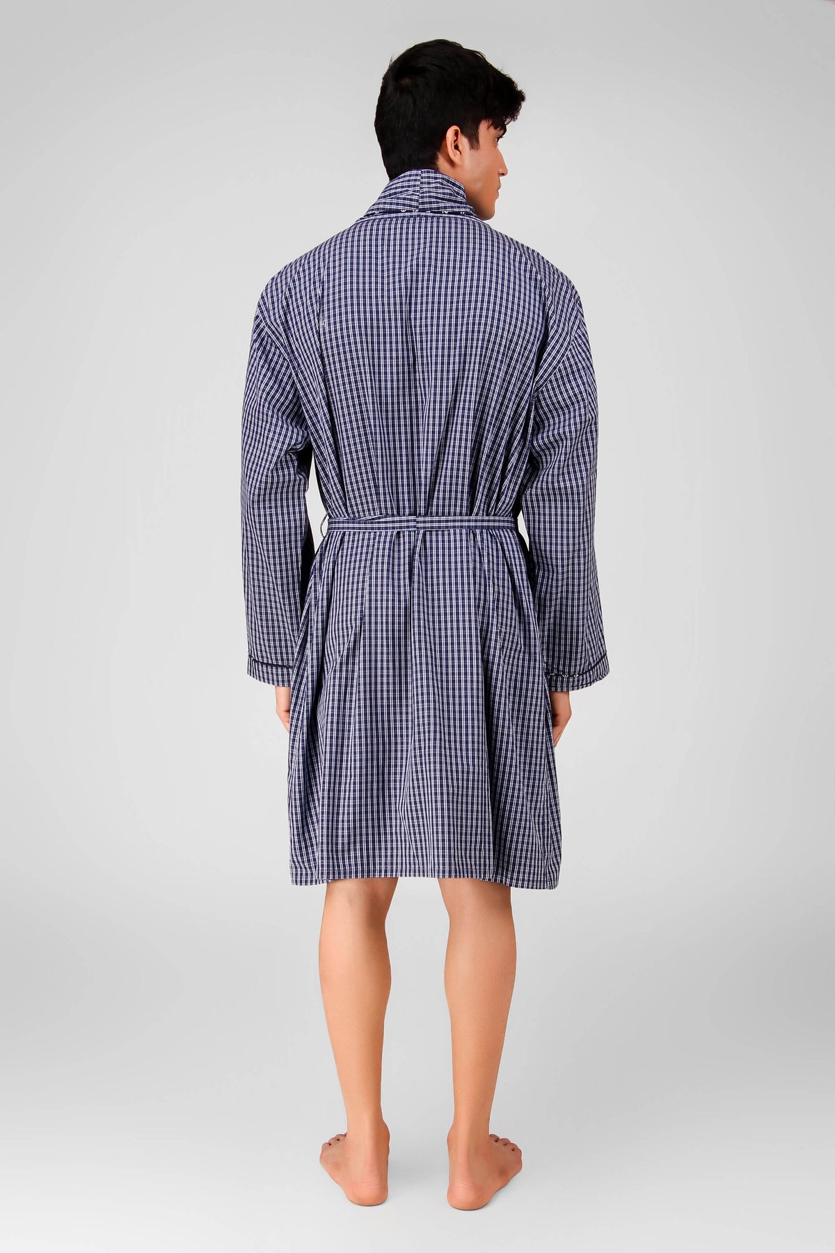 Men's checkered Ron robe, stylish and comfortable, back view.