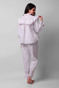Stylish Mary Pyjama Suit in soft fabric with ruffled details.