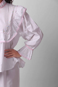 Elegant Mary Pyjama Suit with floral embroidery and ruffled sleeves.