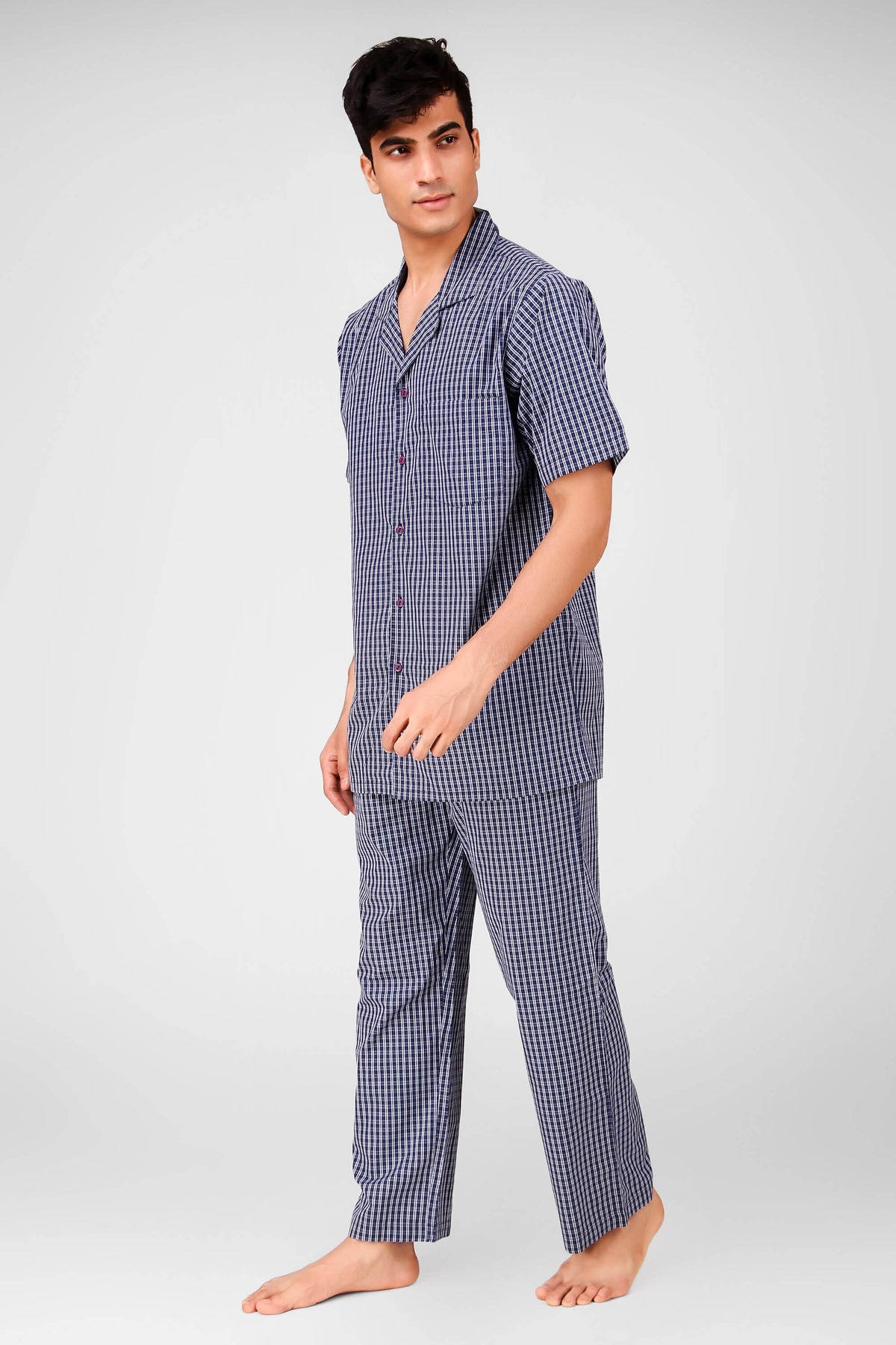 VB Men's Pyjama Suit in stylish checkered design for comfort.