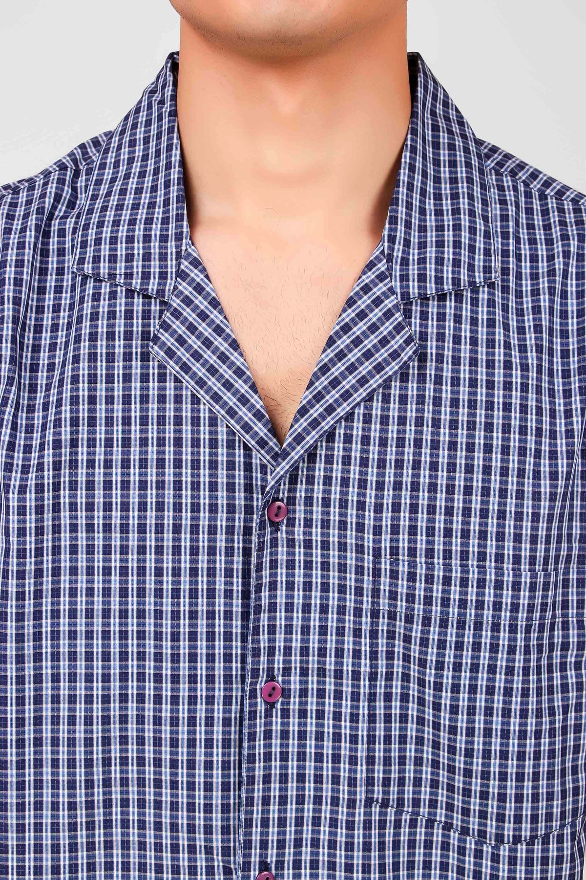 VB Men's Pyjama Suit with checkered pattern and button details.