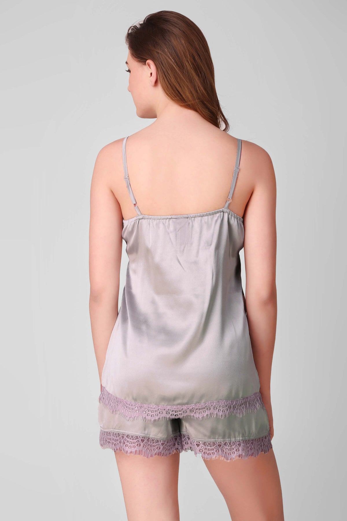Elegant satin cami and shorts set in soft gray.