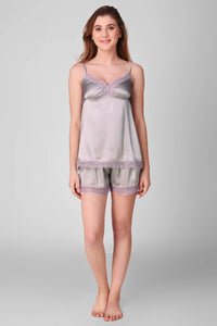 Grace cami and shorts set in soft gray satin with lace trim.
