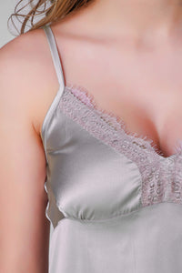 Grace Cami and Shorts set with delicate lace details in silvery fabric.