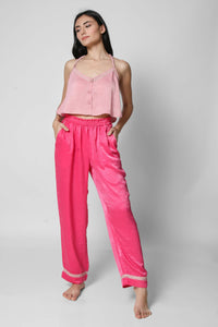 Pink crop top and matching pants, stylish women's sleepwear set.