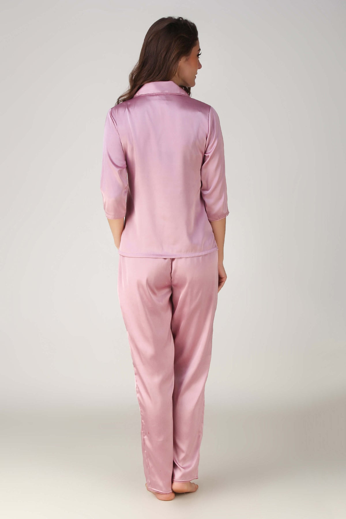 Dani Pyjama Suit, elegant pink satin loungewear for women.