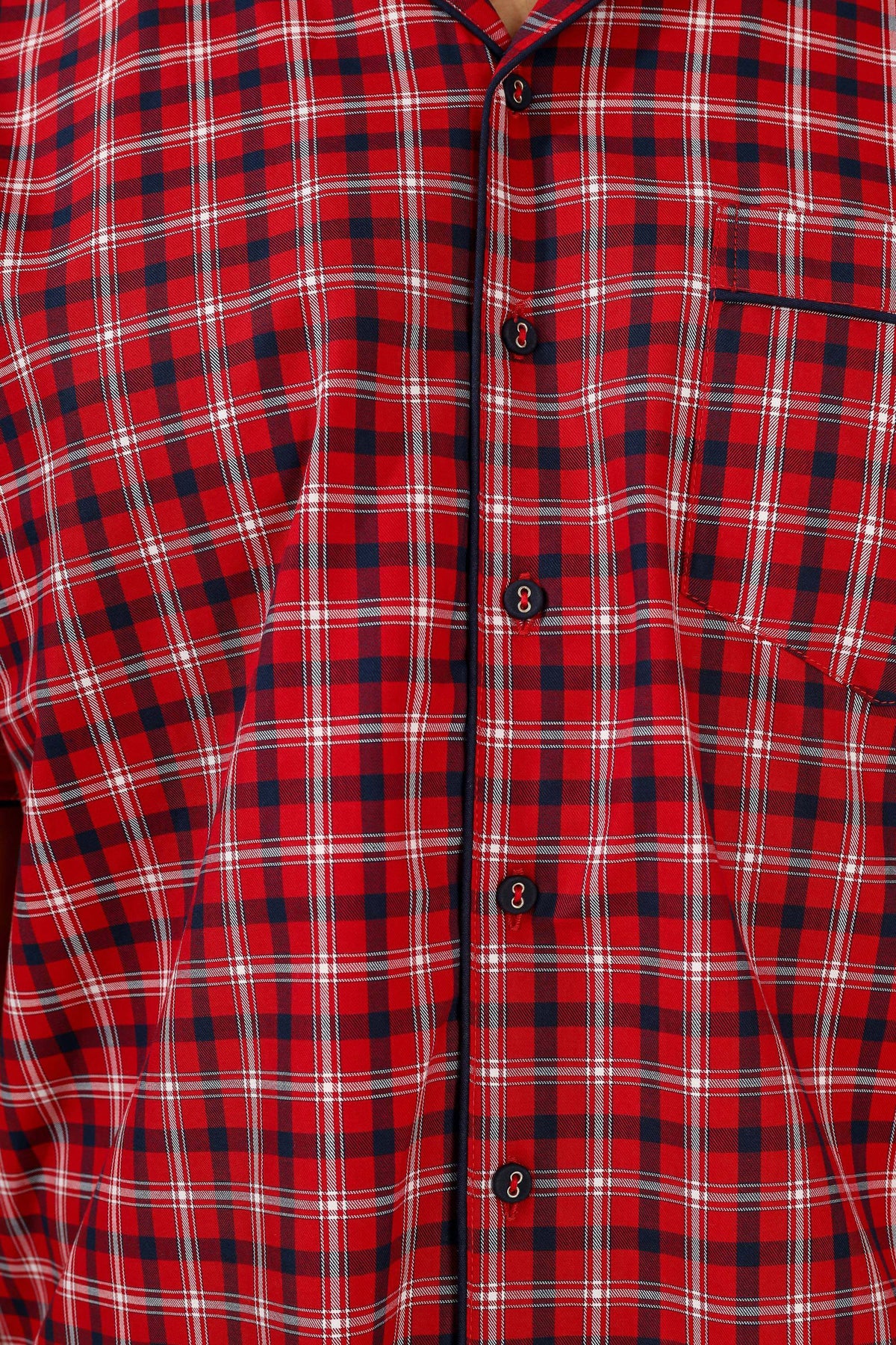 Aldo men's pyjama suit in red plaid pattern with buttons.