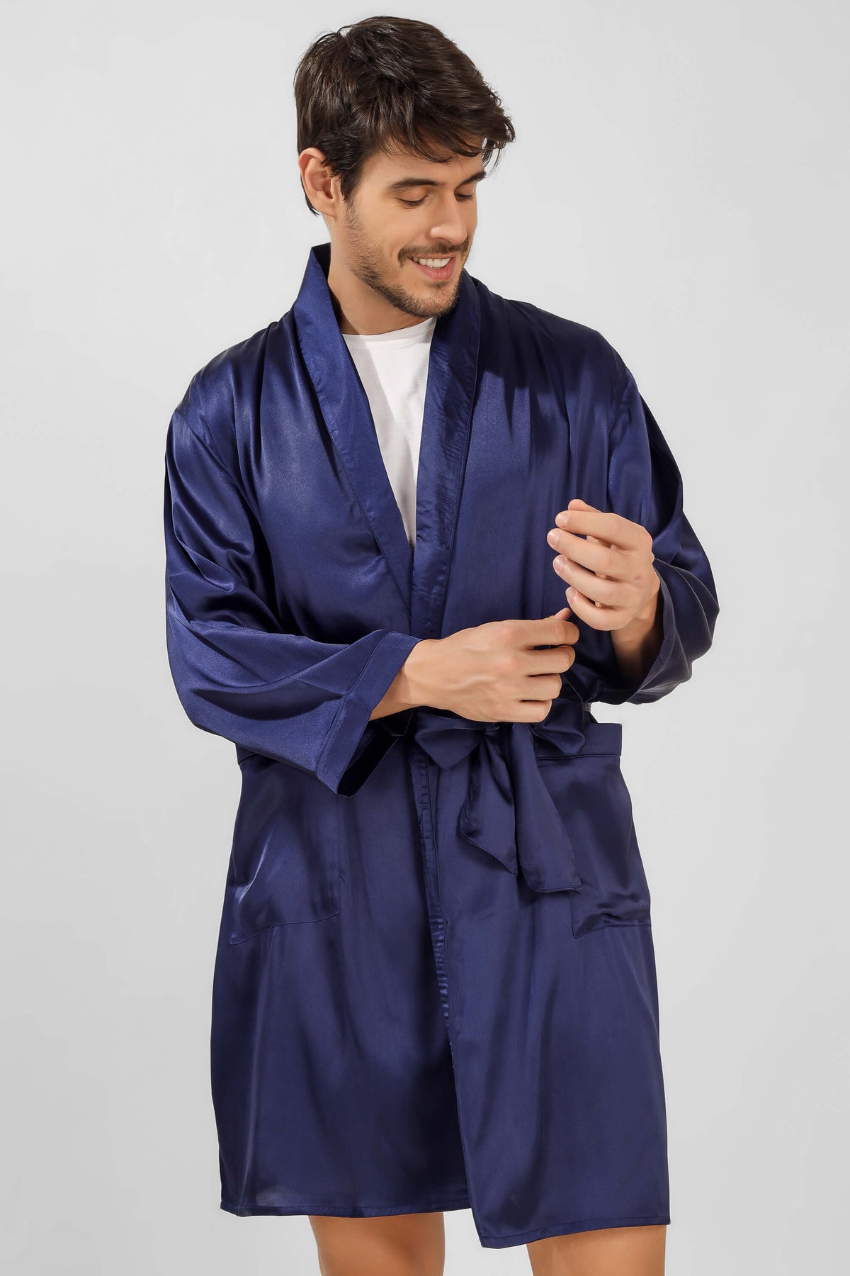 Men's navy satin robe, stylish and comfortable loungewear option.