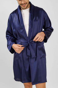 Men's navy satin robe with tie, perfect for lounging.