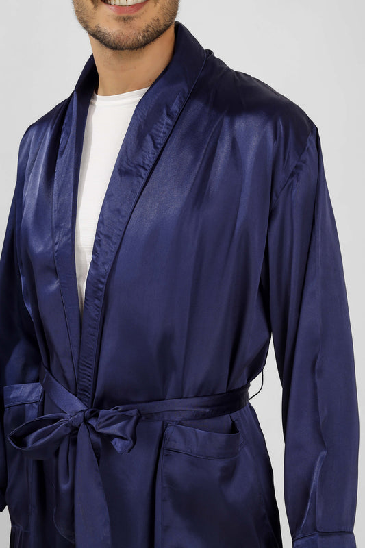 Elegant navy satin robe for men, stylish and comfortable.