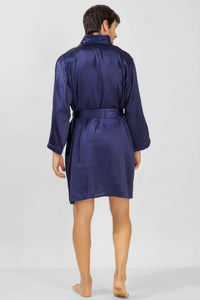 Men's blue satin robe, elegant and stylish for relaxation.