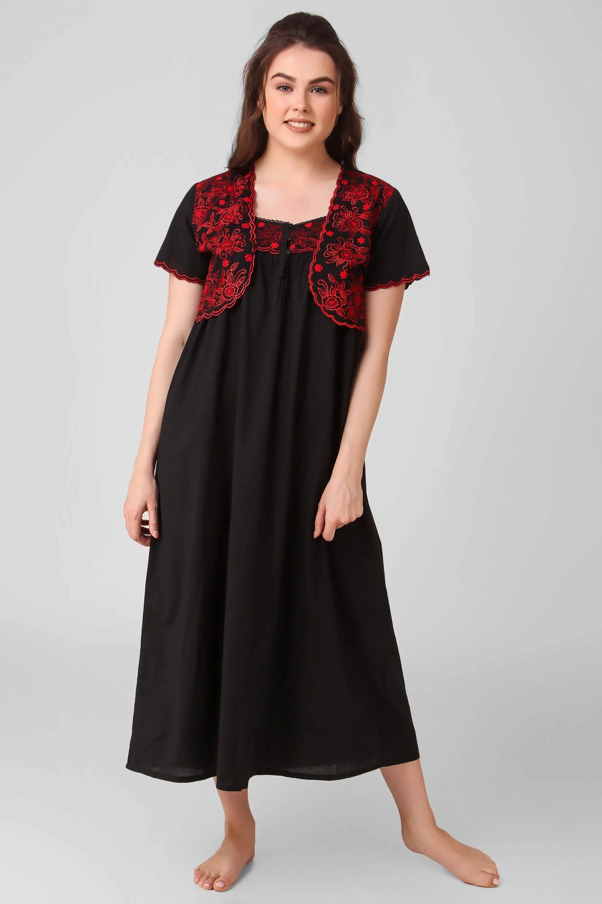 Black dress with red embroidered bolero shrug for women.