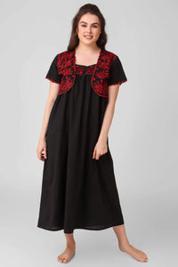 Black dress with red embroidered bolero shrug for women.