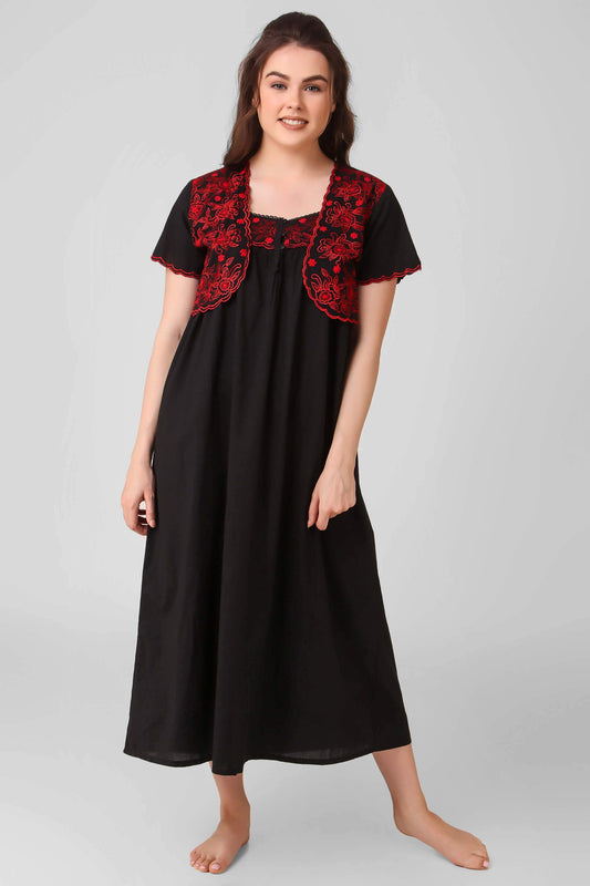Black dress with red embroidered bolero shrug for women.