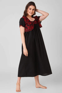 Black dress with red embroidered bolero shrug for women.