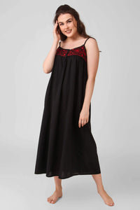 Elegant black dress with red embroidery for women’s fashion.