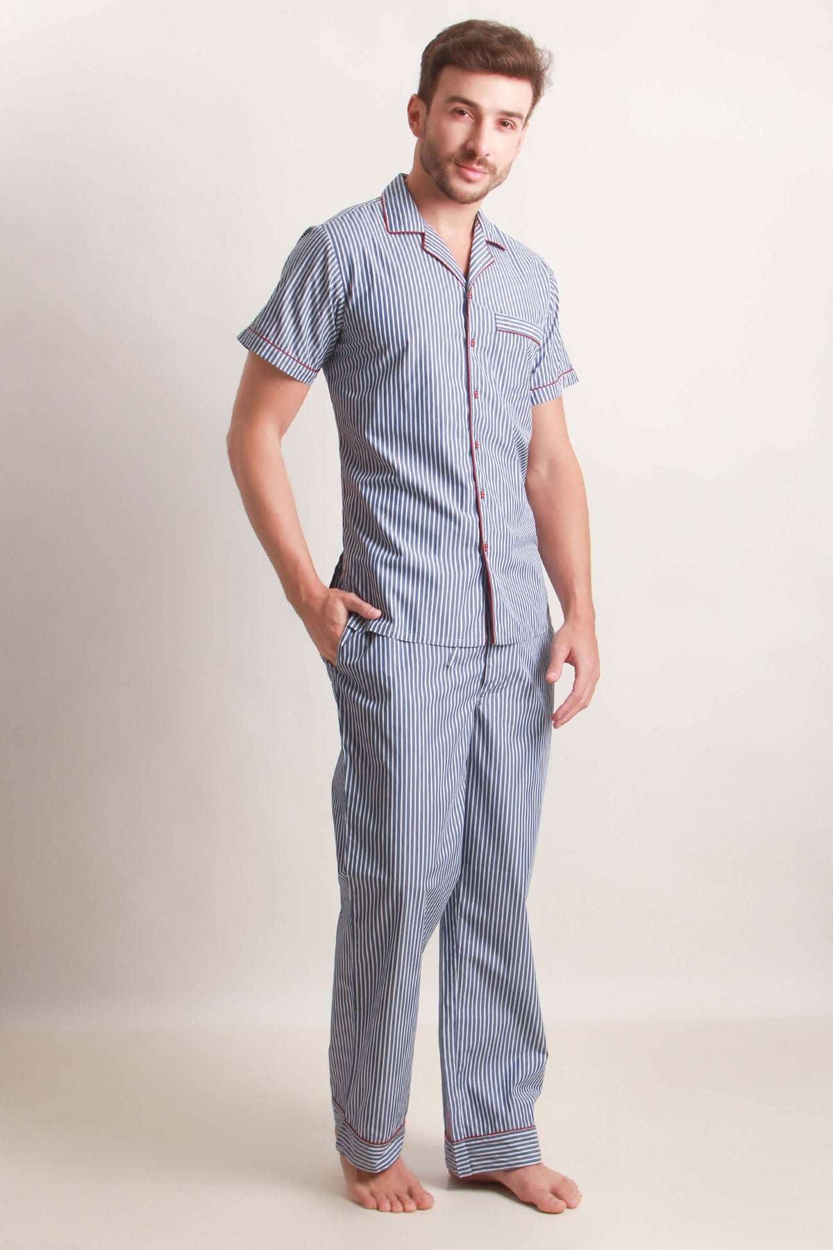 Aldo Men's Pyjama Suit in blue and white stripes for comfortable sleepwear.