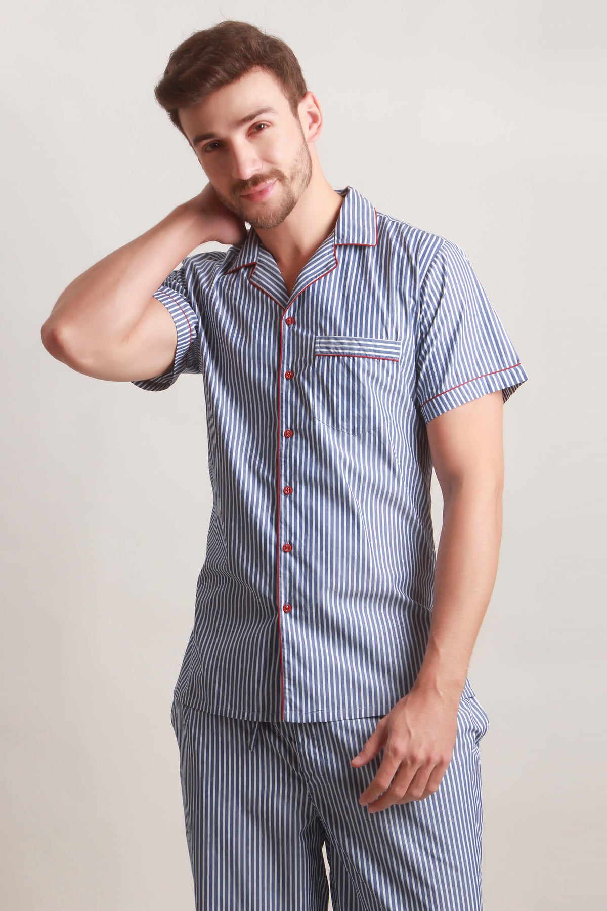 Aldo men's pyjama suit in blue and white striped design.