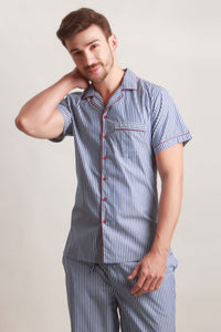 Aldo men's pyjama suit in blue and white striped design.
