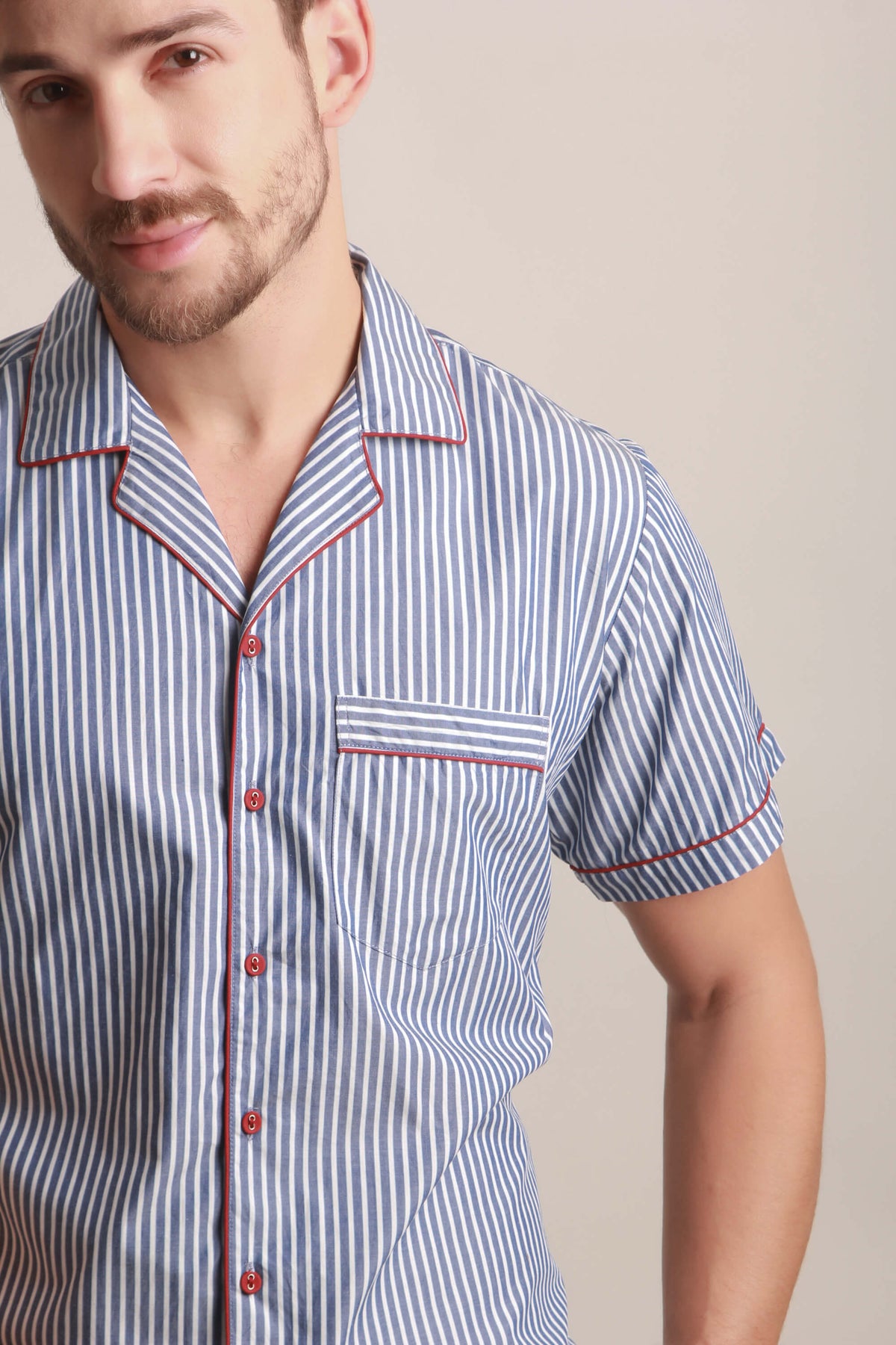 Aldo men's pyjama suit in blue and white striped design.