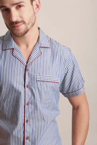 Aldo men's pyjama suit in blue and white striped design.