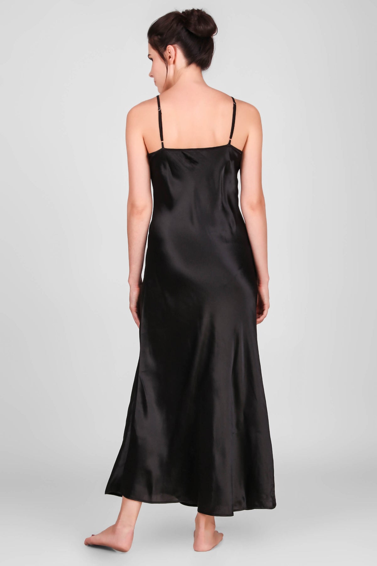 Black satin nightdress for women, elegant and stylish evening wear.