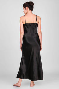 Black satin nightdress for women, elegant and stylish evening wear.