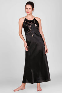 Black satin nightdress with floral embroidery, elegant and comfortable design.