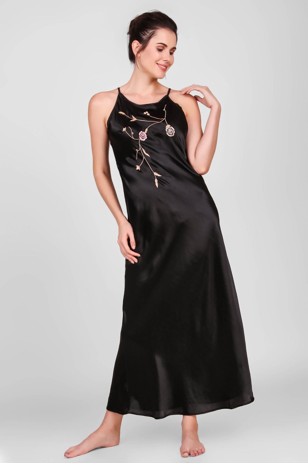 Zazie satin nightdress featuring elegant embroidery and a sleek design.