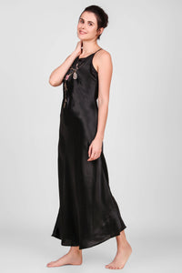Elegant black satin nightdress with floral embroidery design.