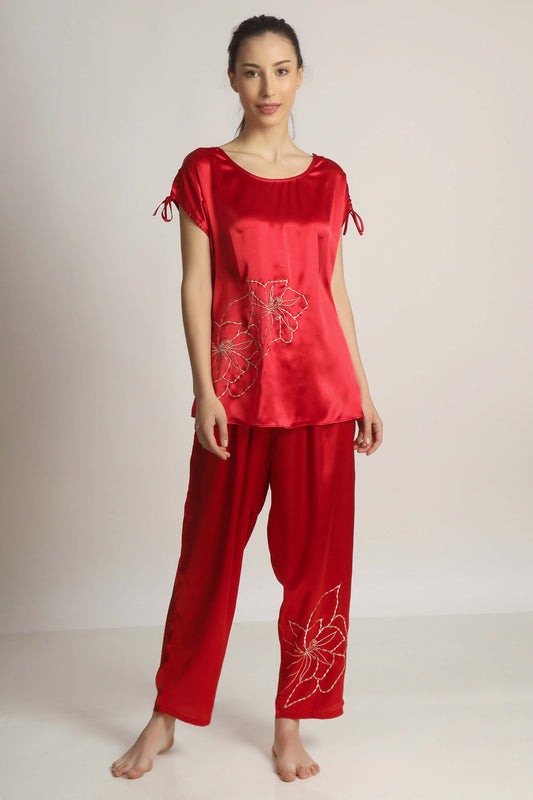 Red satin pyjama suit with floral embroidery, comfortable loungewear.