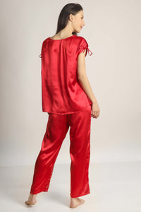 Red satin pyjama suit with short sleeves, stylish and comfortable.