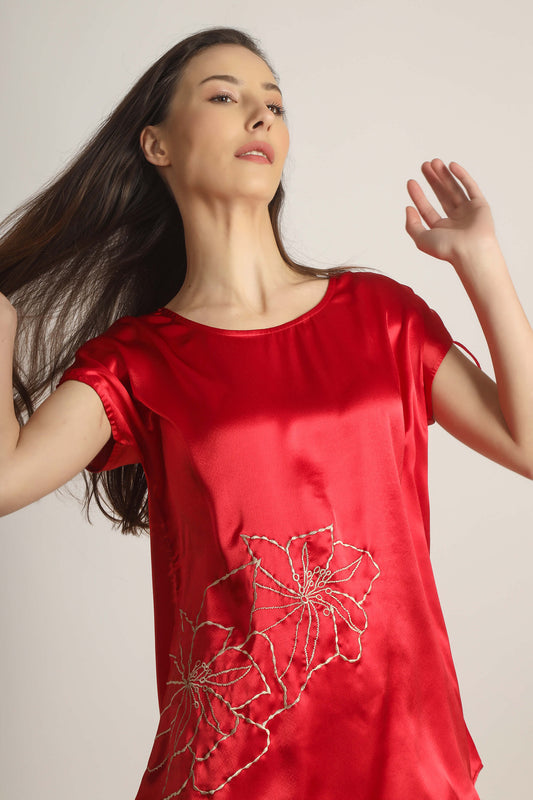 Elegant red pyjama suit with floral embroidery design.